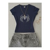 NİCE Kadın SpiderYazılı Taş Baskılı - Likralı Kısa Kol Body Tee Crop