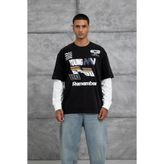 NOMARC Erkek Sweatshirt Remember Oversıze Kolu Parçalı Siyah Oversize Baskılı Bisiklet Yaka