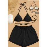 Northcity Kadın 3'lü Set Siyah Şortlu ve Yandan Bağlamalı Bikini Mayo Takımı