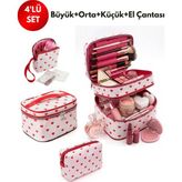 NS Reliable 4’lü Set Makyaj ve Kozmetik Seyahat Çantası - Su Geçirmez Düzenleyici Valiz Içi Organizer-Kalp Desenli - Kırmızı - Siyah