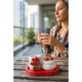 Nura Co Lale Kabartmalı Porselen Kahve Fincanı Şekerlik Set | Pembe Tepsi | Hediye | Anneler Günü | Özel Kırmızı Seramik 50 ml