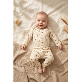 Nura Teddy Serisi Fitilli Pamuk Dokulu Bebek Takımı - Ekru Ayıcık Desenli Uzun Kollu Zıbın ve Pantolon 2’li Set - 3 - 6 Ay - Kahverengi