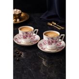 Ogeda Home Mien 2 Kişilik Kahve Fincanı Takımı-Pembe Çiçek Desenli Gold Detaylı Porselen Fincan Seti - Beyaz - Pembe
