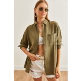 Olalook Kadın Haki Oversize Basic Müslin Gömlek GML-19001217