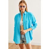 Olalook Kadın Mavi Oversize Basic Müslin Gömlek GML-19001217