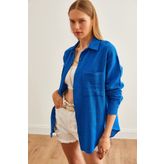 Olalook Kadın Saks Mavi Oversize Basic Müslin Gömlek GML-19001217