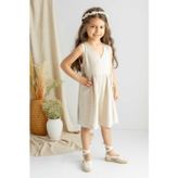 Oliven The Kid Bej Naturel Keten Pileli Kolsuz Anvelop Yanlardan Bağcıklı Kız Çocuk Tulum Bej