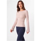 OLYNN Kadın Krem Kayık Yaka Çan Kollu Fitilli Basic Bluz