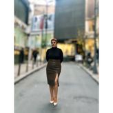 Önden Yırtmaçlı Deri Etek - Kahve - S