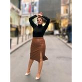 Önden Yırtmaçlı Deri Etek - Taba - S