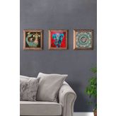 Oscar Stone Decor Masif (Ahşap) Çerçeveli 3'lü Set Taş Tablo Pano 28x28 cm Şahmeran Fil