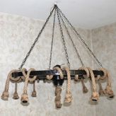 Otantik Çarşı Ahşap Halatlı Teker Avize 100 Cm. 13'lü Serbest Sarkıtlı - Koyu Kahverengi