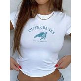 Outer Banks Tasarım Baskılı Crop - Beyaz - XL