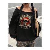 OVER HEAD Kadın Rock & Roll Baskılı Kayık Yaka Oversize Sweatshirt