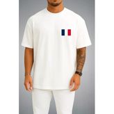 Oversize Fransa Bayrağı Cep Baskılı Unisex T-Shirt