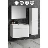 Özceden Aynalı Boy Dolaplı Banyo Dolabı Takımı 80+35 cm Komple Mdf ve Seramik Lavabolu - Beyaz