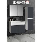 Özceden Çiğdem 80+35 cm Beyaz-Füme Balon Mdf Seramik Lavabolu Sepetli Asma Banyo Dolabı Takımı