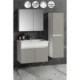 ÖZCEDEN Çiğdem 80+35 cm Beyaz-İnox Balon MDF Seramik Lavabolu Sepetli Asma Banyo Dolabı Takımı