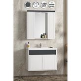 Özceden Çuha 80 cm Beyaz-Antrasit Gri Mat MDF Pk-109 Balon Kapak Seramik Lavabolu Asma Banyo Dolabı Takımı