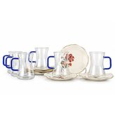 Palace Breeze 6'lı Çay Seti 180ml | Cam Bardak & Porselen Tabak, Mavi Saplı Bardaklar, Çiçek Desenli Tabaklar, Altın Kenarlı Tabaklar, Hediye Kutusunda