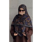 Pamuklu Yaprak Desen Eşarp - Siyah - Morcivert