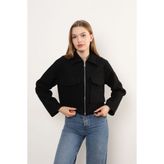 Peluş Kürklü Cepli Kadın Ceket - Siyah - M