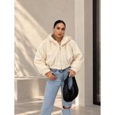 Peluş Oversize Crop Kadın Kapüşonlu Mont - Ekru