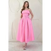 Pembe Beli Kemerli Askılı Pileli Elbise