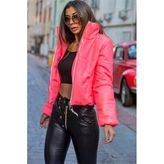 Pembe Dik Yaka Kısa Deri Şişme Mont