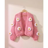 Pembe Papatyalı El Örgüsü Hırka