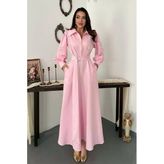 Pembe Pileli Önden Fermuarlı Elbise