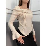 peri tower Asimetrik Kesim Uzun Kol Hamile Bluz Bej Bürümcük Kumaş Yaka Tipi Bağcıklı 0025 - XL