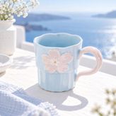 Petal Lüsterli Porselen Kupa 360 ml Çiçek Desenli Kahve ve Çay Kupası,Mavi