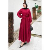 Pileli Poplin Elbise Bordo - S - M