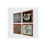 Pinecone Ebru Sanatı, Yaşam Çiçeği, Şahmeran Taş Duvar Tablosu - Ahşap Çerçeveli Taş Tablo - 25x25 cm - 4 Parça Set - Dekoratif Duvar Sanatı - Modern Ev ve Ofis Duvar Dekoru W4-491