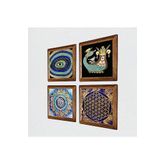 Pinecone Mandala, Nazar, Yaşam Çiçeği, Şahmeran Taş Duvar Tablosu - Ahşap Çerçeveli Taş Tablo - 25x25 cm - 4 Parça Set - Dekoratif Duvar Sanatı - Modern Ev ve Ofis Duvar Dekoru W4-778
