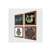 Pinecone Nazar, Yaşam Çiçeği, Şahmeran, Fatma Ana Eli (Hamsa) Taş Duvar Tablosu - Ahşap Çerçeveli Taş Tablo - 25x25 cm - 4 Parça Set - Dekoratif Duvar Sanatı - Modern Ev ve Ofis Duvar Dekoru W4-798