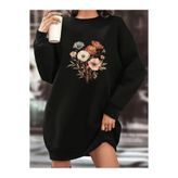 Pink Sky Kadın Çiçek Baskılı Siyah Oversize Sweatshirt Elbise