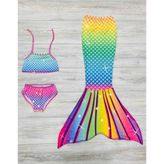 Pistyle Kız Çocuk Deniz Kızı Mayo Gökkuşağı Renkli 3'lü Takım.alt Üst Bikini ve Kuyruk. - Sarı - Mavi - 5 - 6 Yaş