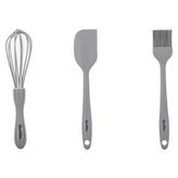 Piyop Gri Renkli Orta Boy 3lü Silikon Spatula,fırça ve Çırpıcı Seti