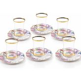 Porselen Çay Seti, 6 Kişilik, Çiçek Desenli, Altın Yaldızlı, 12 Parça, 5 cm Tabak - Renkli