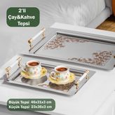 Porsima Yüzük 2li Paslanmaz Çelik Gümüş Kahve Tepsisi Gold Beyaz Desenli Dekoratif Servis Sunum Tepsisi