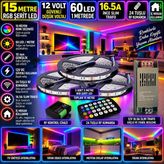 Powerr Led Aydınlatma 15M 12V 60 Ledli Iç Mekan Rgb Şerit LED 16.5A Ince Slim Trafo 24A Rf Kumandalı Set