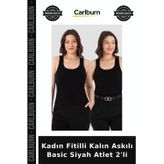 Premium Kadın Fitilli Kalın Askılı Basic Siyah Atlet 2'li Tekstil Kombin Stil