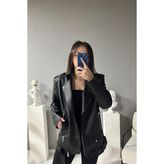 Prifaldi Uzun Oversize Siyah Kadın Deri Ceket - 48