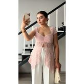 Pudra Pembe Asimetrik Dantel Bluz