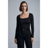 Qaju Kadın Uzun Kollu Kare Yaka Basic Bluz -Siyah