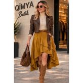 Qimya Butik Bebe Plus Kadın Asimetrik Kesim Ön Kısa Arka Uzun Kat Kat Volanlı Beli Lastikli Suni Süet Etek - Hardal