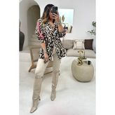 Qimya Butik Bebe Plus Kadın Kolları Şerit Detaylı Astarsız Leopar Desen Oversize Ceket - Kahve - Siyah
