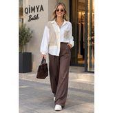 Qimya Butik Bebe Plus Kadın Triko Cepli ve Detaylı Arkası Uzun Pamuk Gömlek - Bej